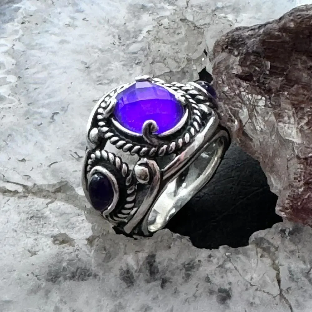 Carolyn Pollack Sterling 3 Amethyst Decorated Doublet Ring Size 5 For Women